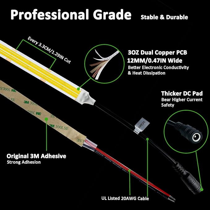 JOYLIT 24V COB LED Strip Lights 5000K Daylight White Dual Row 16.4ft 1006LM/FT Ultra Bright CRI 95+, UL Listed PRO 7.6W/FT 960LEDs/M High Density 12MM Wide Adhesive Tape Light Task Lighting