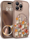 GVIEWIN for iPhone 16 Pro Max Case Compatible with MagSafe [Curly Wave Edge][Full Camera Protection] Floral Translucent Shockproof Magnetic Women Phone Case for 16 Pro Max, Primrose/Brown