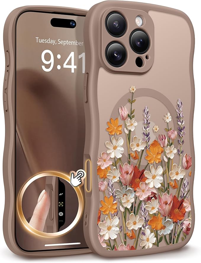 GVIEWIN for iPhone 16 Pro Max Case Compatible with MagSafe [Curly Wave Edge][Full Camera Protection] Floral Translucent Shockproof Magnetic Women Phone Case for 16 Pro Max, Primrose/Brown