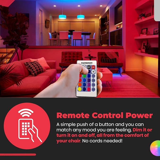 Kobra LED Color Changing Light Bulb with Remote Control - 16 Different Color Choices Smooth, Fade, Flash or Strobe Mode - Smart Remote Lightbulb -RGB & Multi Colored