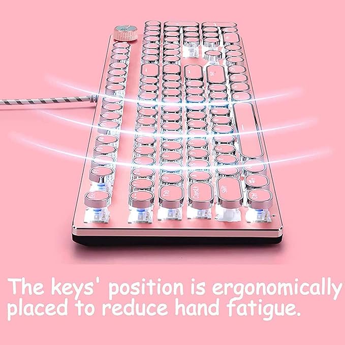 Pink Typewriter Keyboard and Mouse,Retro Vintage Mechanical Gaming Keyboard with White LED Backlit,104 Keys Anti-Ghosting Blue Switch Wired Cute Keyboard,Round Keycaps for Desktop PC/Laptop Mac