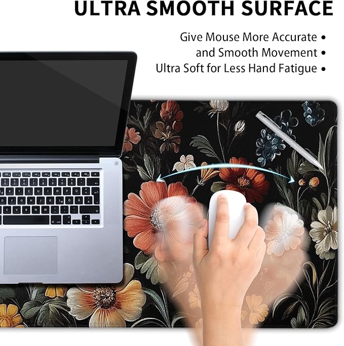 Large Floral Mouse Pad Extended Gaming Mousepad 31.5"x11.8" Vintage Aesthetic Black Desk Mat Flower Mouse Pad Plant Wildflower Mousepad XXL Laptop Computer Keyboard Mats for Desk Office