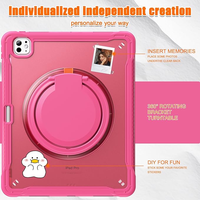 Batianda for iPad Pro 13 inch Case 2025 M5 2024 M4 Chip Lightweight Dual-Layer Protective Tablet Cover, Durable Shock-Absorbing Corners with 360° Rotating Kickstand Ring Built-in Pen Slot, Pink