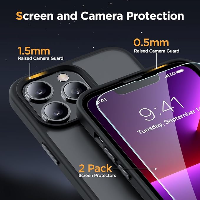 Miracase Magnetic for iPhone 13 Pro Case 6.1 inch (Compatible with MagSafe)（with 2X Screen Protectors） Military-Grade Protection, Anti-Fingerprint Translucent Matte Phone Case Cover, Black
