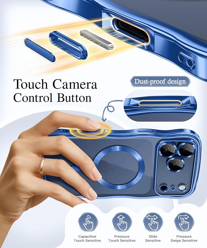 GVIEWIN for iPhone 17 Pro Case Compatible with MagSafe, Upgraded [Full Camera Protection][Cute Wave Frame][Military Grade Protection] Electroplated Hard Phone Cover for Women Girl, Clear/Blue