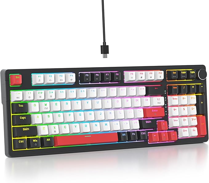 surmen Creamy Keyboard with with Number Pad, 96% RGB Mechanical Keyboards Full Gasket Mounted Hot Swappable Custom Wired Thocky Keyboard with Knob for Office Gamer (98 White)