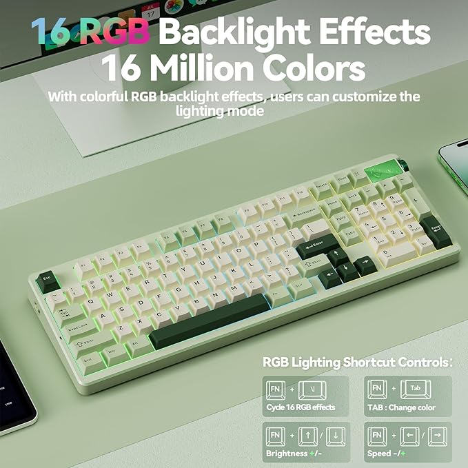 CORBOBO LEOBOG A98-96% Mechanical Keyboard Wireless, Tri-Mode BT5.0/2.4GHz/USB-C, Creamy Keyboard with Number Pad, Gasket Structure Hot Swappable, RGB Backlit Green Gaming Keyboards with Knob for PC