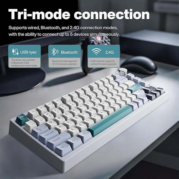GK GAMAKAY TK75 V2 75% Silent Mechanical Keyboard with TFT Screen, Hot Swap RGB Bluetooth 5.0/2.4GHz Wireless/USB-C Wired PBT Cherry Profile Keycaps Gaming Keyboard (GamaKay Phoenix Switch)