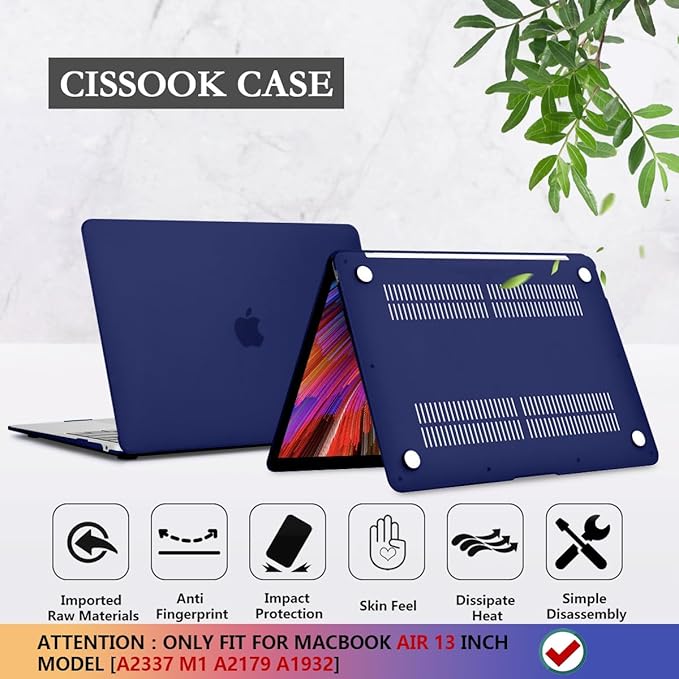 CISSOOK Navy Blue Cover for MacBook Air 13 M1 Case with Retina Display and Touch ID, Dark Blue Hard Shell Case with Keyboard Cover + Screen Protecter for Air 13 M1 A2337 A2179 A1932 Model 2018-2021