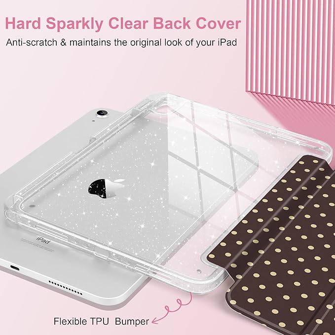 DONGKE for iPad Pro 11 inch Case – Fits M5 2025 / M4 2024, Shockproof Sparkling Glitter Acrylic Back, Pencil Holder, Trifold Stand, Auto Sleep/Wake & Touch ID Support - Brown Polka Dot