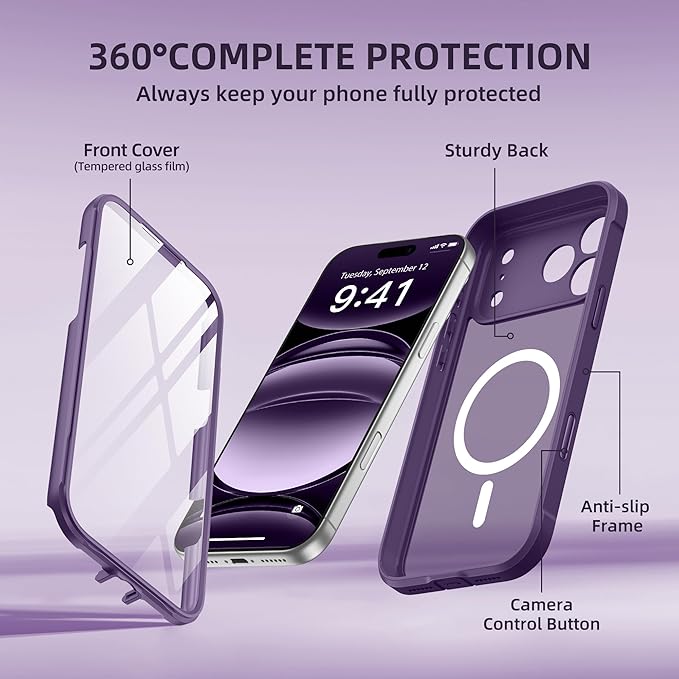 BERFY for iPhone 17 Pro Case, Compatible with MagSafe, Built-in Glass Screen Protector, Camera Protection, Shockproof Full Body Phone case 6.3", Translucent Deep Purple