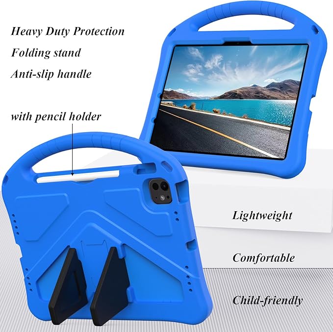 Kids Case for iPad Pro 11-Inch 2022/2021/2020/2018 (4th/3rd/2nd/1st Generation) & iPad Air 5th/4th Gen Case 2022/2020 10.9" with Kickstand/Handle/Pencil Holder Stand Girl Boy Cover, Blue