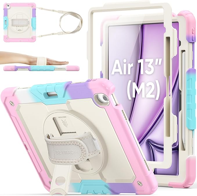 SEYMAC stock Case for iPad Air 13-inch M4-M2 2026-2024 (Gen 8-6), Shockproof Heavy Duty Case with Screen Protector, Pencil Holder, Rotating Stand, Hand Strap, Shoulder Strap, Pink