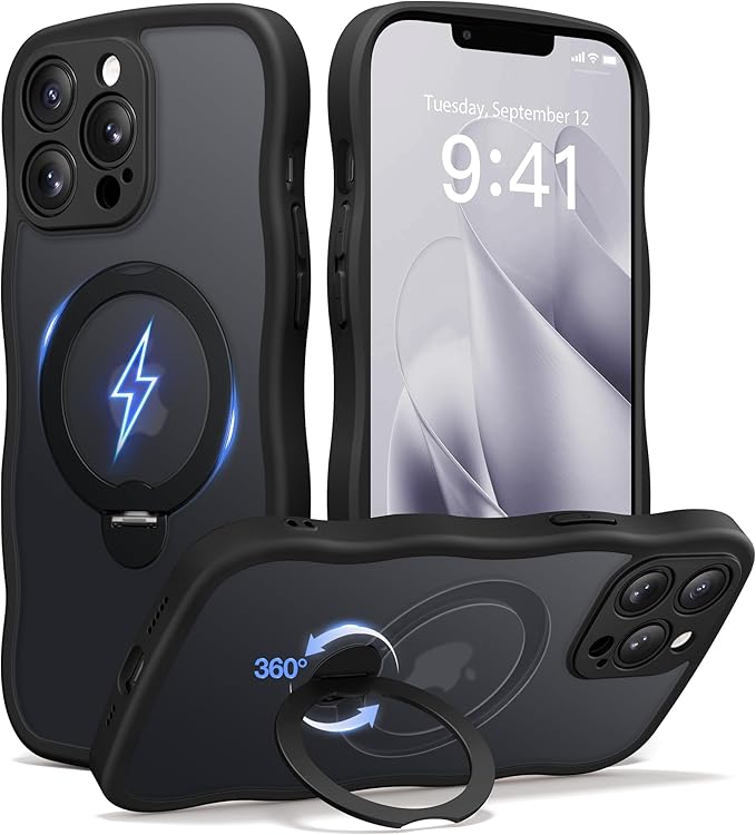 CAPRARO for iPhone 13 Pro Case with 360° Spin Magnetic Stand for Women, [Compatible with MagSafe] [Full Camera Protection] Cute Wave Translucent Matte Case for iPhone 13 Pro, Black