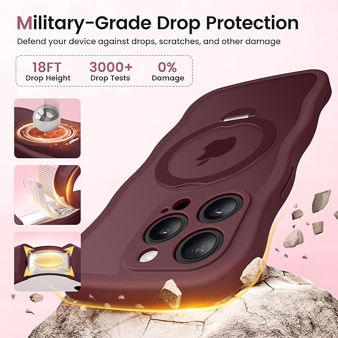 CAPRARO for iPhone 15 Pro Case with 360° Spin Magnetic Stand for Women, [Compatible with MagSafe] [Full Camera Protection] Cute Wave Translucent Matte Case for iPhone 15 Pro, Wine Red