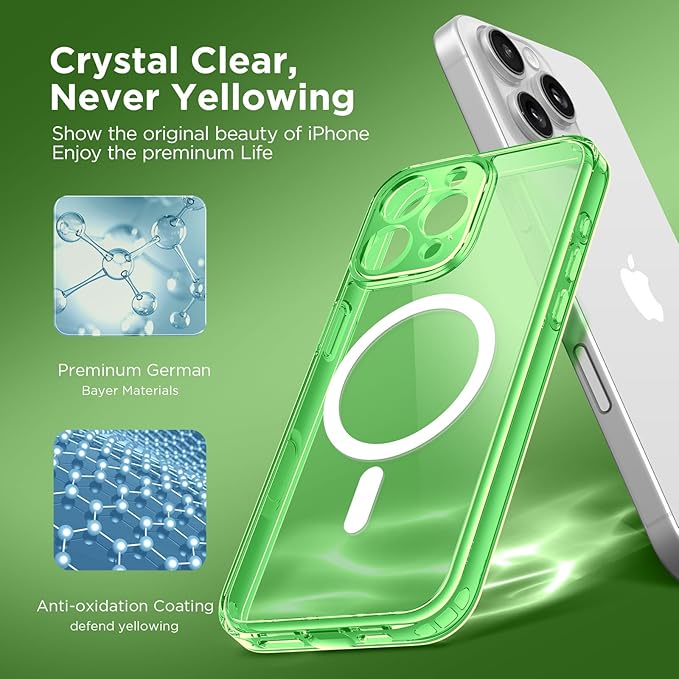 CAPRARO Magnetic Compatible with iPhone 16 Pro Case, Upgraded [Full Camera Protection] [Compatible with MagSafe] Protective Translucent Matte Women Girl Phone Case Cover, Clear Green
