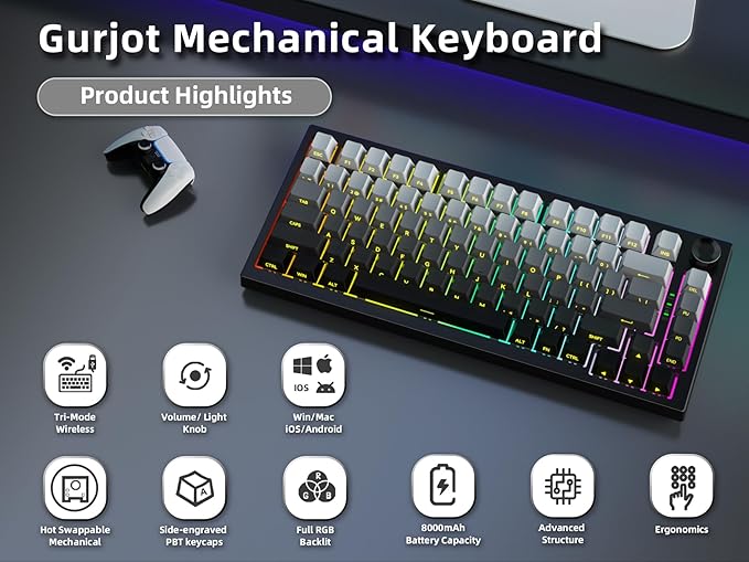 Gurjot Wireless Mechanical Keyboard, 75% Hot Swappable Custom Keyboard with Knob,PBT Keycaps,BT5.0/2.4GHz/USB-C,RGB Backlit, Mechanical Gaming Keyboards for PC/Tablet/PS/Xbox