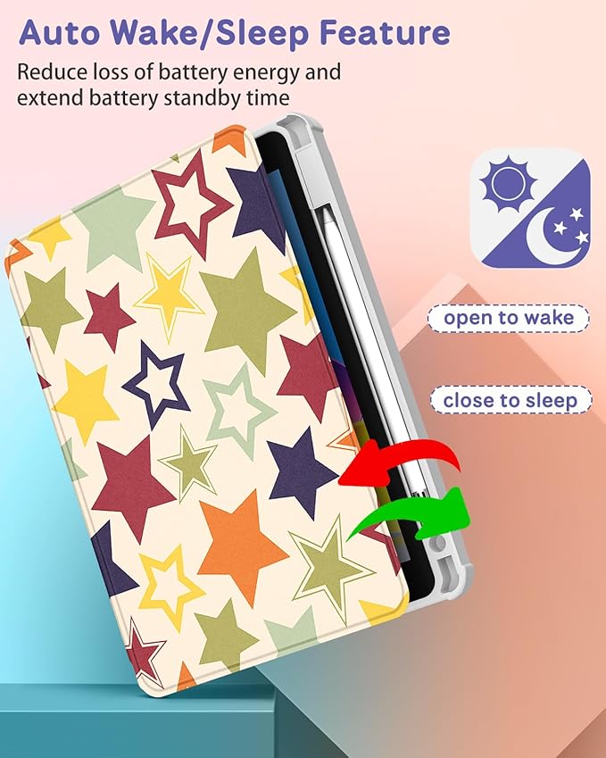 Uppuppy for iPad A16 Case for iPad 10th Generation Case 10.9 inch - 360 Degree Rotating Stand Folio Smart Cover with Pencil Holder for Women Girls, Colorful Stars for Apple Tablet 10th 2022/11th 2025