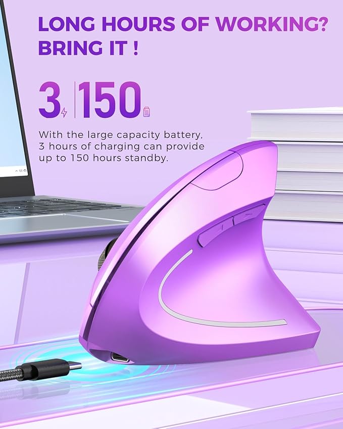 Lekvey Ergonomic Mouse, Wireless Vertical Mouse Rechargeable 2.4 GHz Optical Carpal Tunnel Mice : 800/1200 / 1600 DPI, 6 Buttons, for Laptop, PC, Mac, Computer, Desktop, Notebook etc, Purple