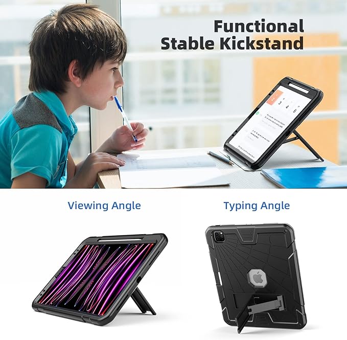 TSQQST Case for iPad Pro 12.9 Inch 6th Generation 2022 with Screen Protector | Full Body Protection Kids Case with Pencil Holder Stand for iPad Pro 12.9 Inch 5th/4th/3rd Gen 2021/2020/2018 | Black