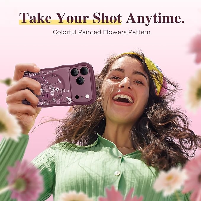 GVIEWIN for iPhone 17 Pro Case Compatible with MagSafe [Curly Wave Edge][Full Camera Protection] Floral Translucent Shockproof Magnetic Women Phone Case for iPhone 17 Pro 6.3'', Floratopia/Burgundy