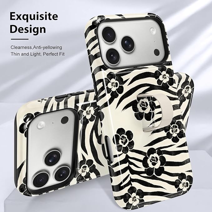 KANGHAR Compatible with iPhone 17 Pro Max Case, Support for MagSafe, Silicone Floral Cool Pattern, Wristband Kickstand Camera Protection Soft Slim Phone Case for Girls Women -Black
