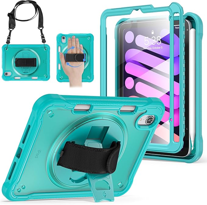 BRAECNstock Case for iPad mini 7 (A17 pro) 2024 & Mini 6 2021 8.3-inch,Shockproof Protective Cover with Pencil Holder,Screen Protector,360° Rotating Hand Strap/Stand-Light Blue