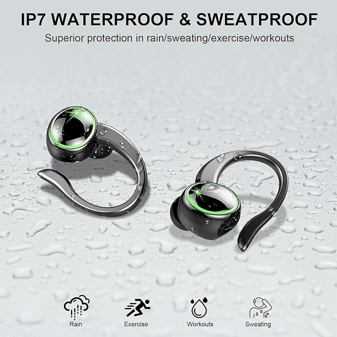 Wireless Earbuds, Bluetooth 5.4 Headphones Sports Stereo Hifi, 50H Playtime Over-Ear buds with ENC Noise Cancelling Mic, IP7 Waterproof Fitness Earphones with Earhooks, Headset for Gym Running Workout