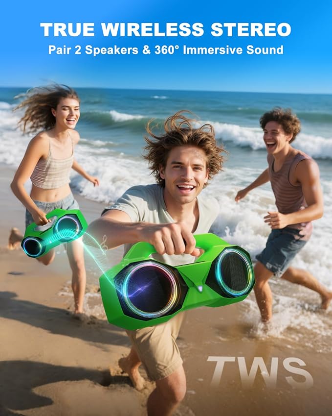 OZJ Bluetooth Speaker 80W(Peak) Loud with Bass, 20H Playtime, IPX7 Waterproof, RGB Lights, TWS, Large Portable Wireless Speakers for Outdoor, Home, Party, Pool, Beach, Tailgating, Gym, Work (Green)