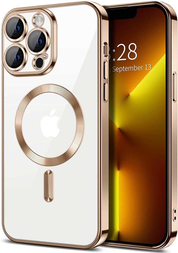 Hython Magnetic Clear for iPhone 13 Pro Case with Camera Lens Protector [Compatible with MagSafe] Luxury Plating Edge Slim Soft TPU Cover Protective Phone Case for iPhone 13 Pro 6.1", Desert Brown