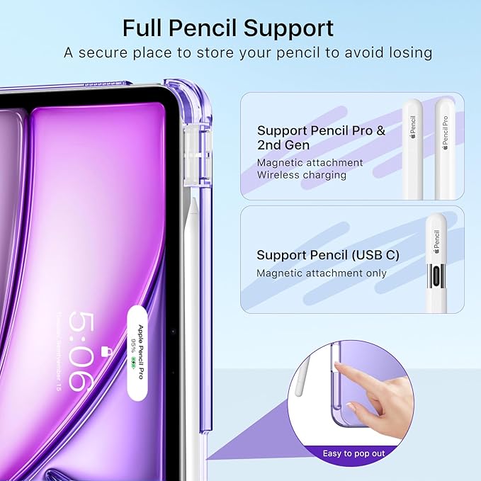 MoKo for iPad Air 11 inch Case (M4/M3/M2) 2026/2025/2024, iPad Air 5th/4th Gen 10.9 inch Case 2022/2020 with Pencil Holder, Slim Light Trifold Cover with Hard PC Translucent Back Shell, Deep Purple
