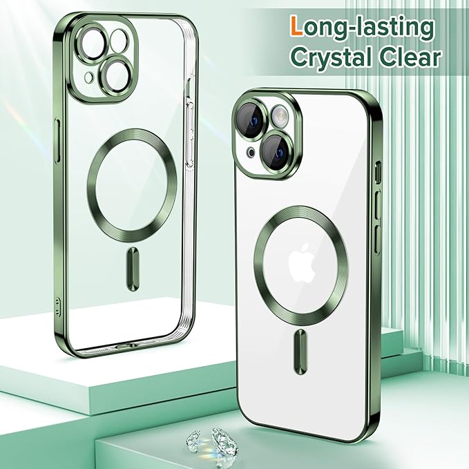 Hython Magnetic Clear for iPhone 15 Plus Case with Camera Lens Protector [Compatible with MagSafe] Luxury Plating Edge Slim Soft TPU Cover Protective Phone Case for iPhone 15 Plus 6.7", Deep Green