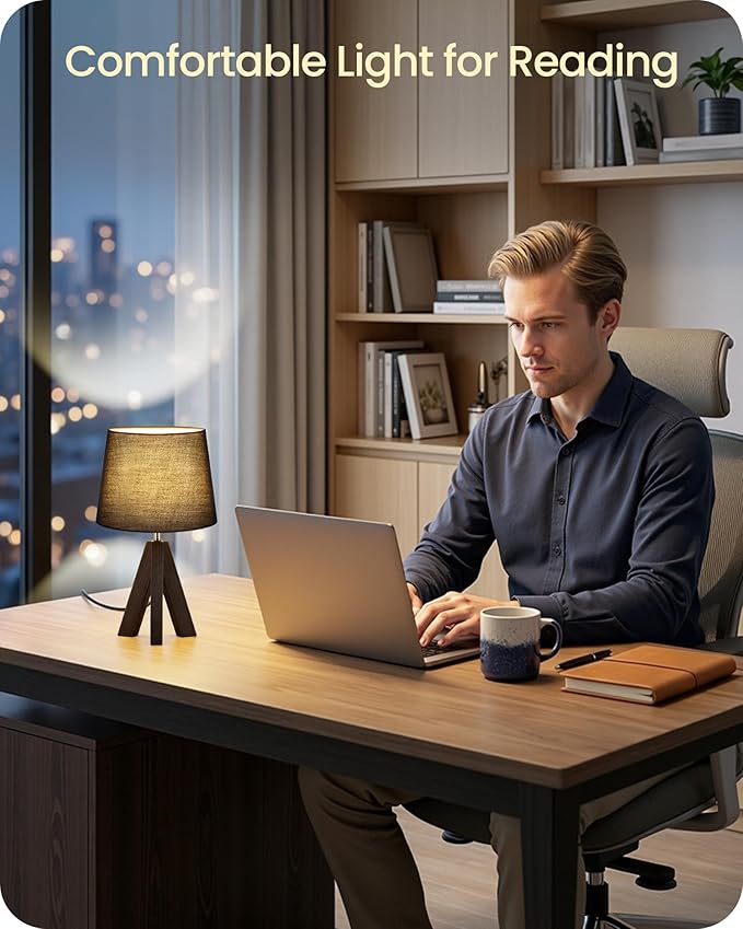 Tripod Table Lamp, 14.6" Small Bedside Lamp, Modern Nightstand Lamp with Black Shade & Dark Walnut Base, Boho Desk Lamp for Bedroom, Kids Room, Living Room, Study, E26 Socket, VB51TL05