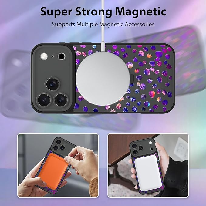 KANGHAR Compatible with iPhone 17 Pro Max Case, Support for MagSafe, Silicone Cute Iridescent Pattern Leopard Print Cheetah, Wristband Kickstand Shockproof Soft Slim Cover for Girls Women, Black