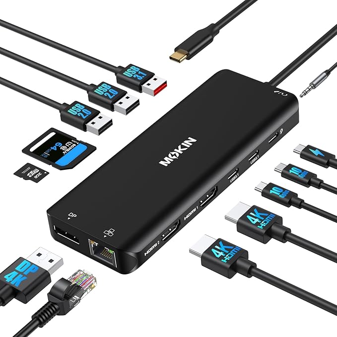 USB C Laptop Docking Station Dual Monitor Dual HDMI 4K DP Triple Display Hub, 13 in 1 MOKiN USB C Hub with 3 Monitors, DisplayPort, USB 3.1, RJ45, 100W PD, Card Reader, Audio/Mic, for Dell HP, Black