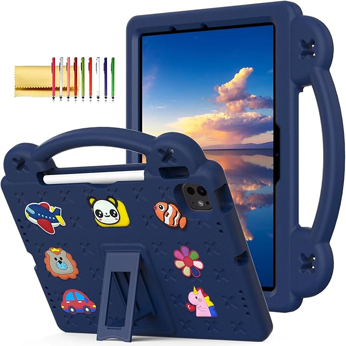 Dteck Case for iPad Air 5th/4th Gen 10.9" 2022/2020,iPad Pro 11" 4th/3rd/2nd/1st Gen,Cartoon Panda Shockproof Rugged Lightweight Convertible Handles Stand Kids Friendly Pencil Holder Case,Navy Blue