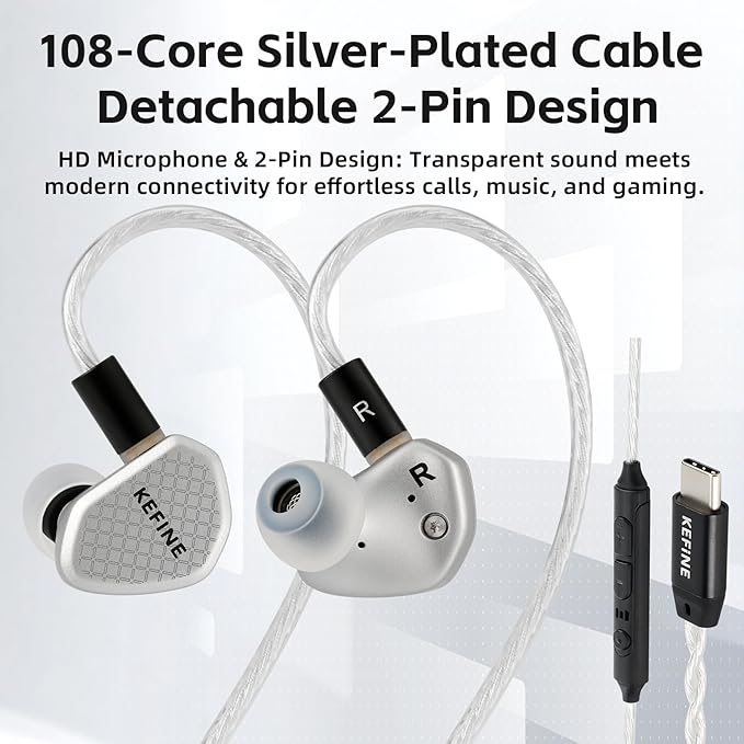 Klean SV in Ear Monitor, 10mm Full-DLC Diaphragm Dynamic Driver IEM, 3 Interchangeable Tuning Nozzles, HiFi Wired Earbuds, Detachable Cable for Audiophile, Musician & Gaming（USB-C with Mic