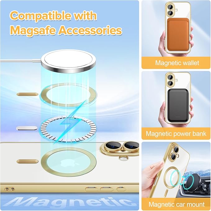 Hython Magnetic Clear for iPhone 16 Plus Case with Camera Lens Protector [Compatible with MagSafe] Luxury Plating Edge Slim Soft TPU Cover Protective Phone Case for iPhone 16 Plus, Matte Gold