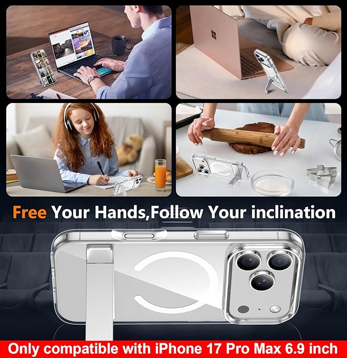 SPIDERCASE Magnetic for iPhone 17 Pro Max Case,with [3 Stand Ways] [Military Grade Drop Protection] with Invisible Stand Shockproof Slim Case for iPhone 17 Pro Max 6.9 inch,Clear