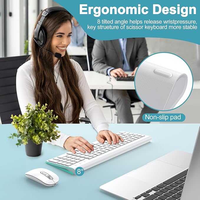 cimetech Wireless Keyboard and Mouse, [Rechargeable Mouse][Silent Scissor Switch Key][Labor-Saving Buttons]Ultra Slim Wireless Computer Keyboard and Mouse, Easy Setup for PC/Laptop/Mac/Windows - White