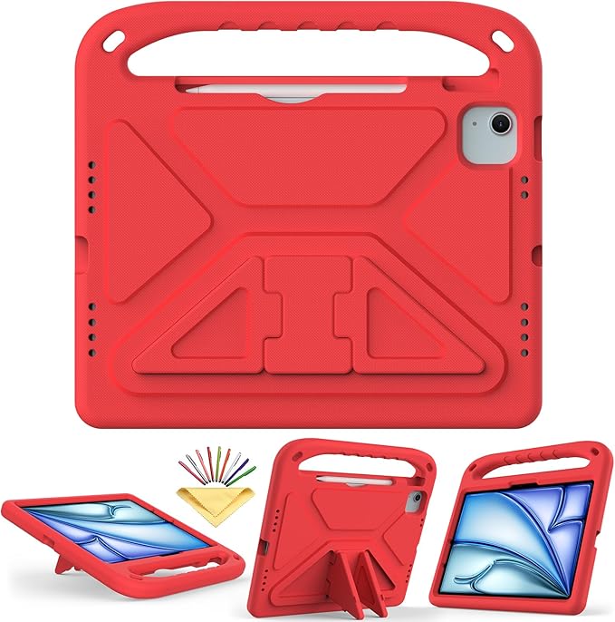 Kids Case for iPad Air 11 inch M4/M3/M2 (2026/2025/2024) & iPad Pro 11 inch M5/M4 (2025/2024) with Pencil Holder/Handle/Kickstand Lightweight Shockproof Cute Soft EVA Foam Stand Cover, Red