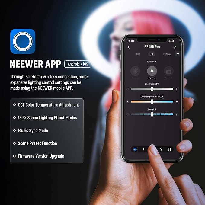 NEEWER Professional 18 Inch Ring Light with Tripod Stand Phone Holder Compatible with iPhone, 45W Remote Shutter App Control, Video Recording Makeup Selfie Studio Streaming Filming, RP18B Pro Black