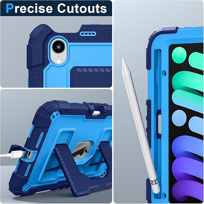 Kids Friendly Case for Apple iPad mini 7 A17 Pro 2024/iPad Mini 6 2021 8.3 Inch 7th/6th Gen Case with Pencil Holder & Shoulder Strap, Shockproof Kickstand Hard Shell Protective Cover,Blue