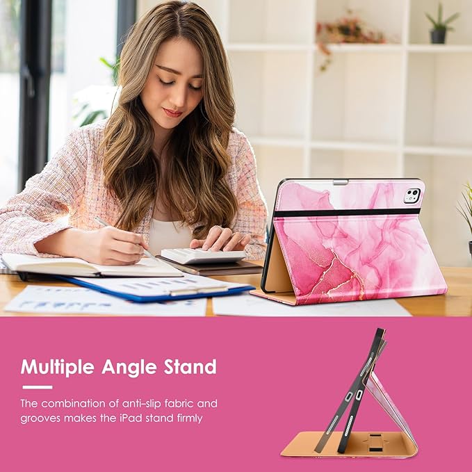 VIKESI Case for iPad Pro 13-inch M5 or M4 Released in 2025 or 2024, Leather Stand Cover with Apple Pencil Holder, Auto Wake/Sleep, Multiple Viewing Angles, Built in Hand Strap & Pocket,Red Marble