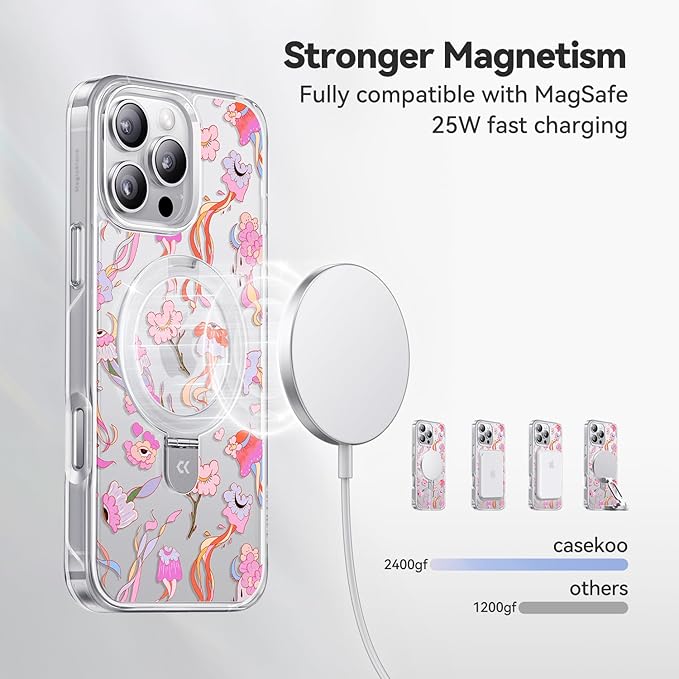 CASEKOO Floral Series [ArtCollab x Leah Han] Floral Jellyfish for iPhone 16 Pro Max Case with Magnetic Ring Stand [Compatible with MagSafe] [Military-Grade Protection] Clear Back, Soft Edge, for Women