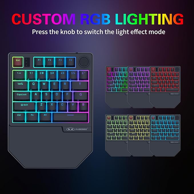 MageGee Wireless One Handed Gaming Keyboard, Tri-Mode BT/ 2.4Ghz RGB Backlit 34 Keys Mini Keyboard for Gamer, Red Switch, Wrist Rest Support(Black)
