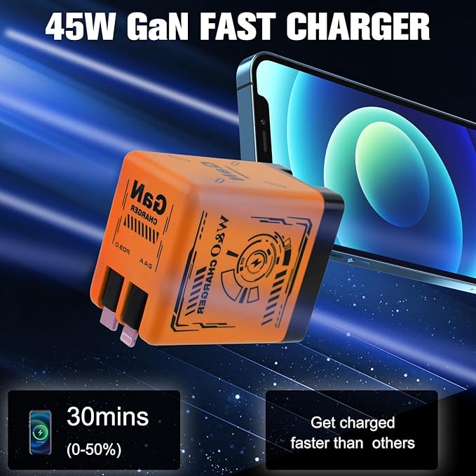 W&O 2-in-1 GaN Compatible with Fast Charger, GaN Charger Fast Charging, Retractable Phone Chargers Wall Plug with Lightning and Type-C Cables, Foldable Chargers for iPhone&Most Android, Black