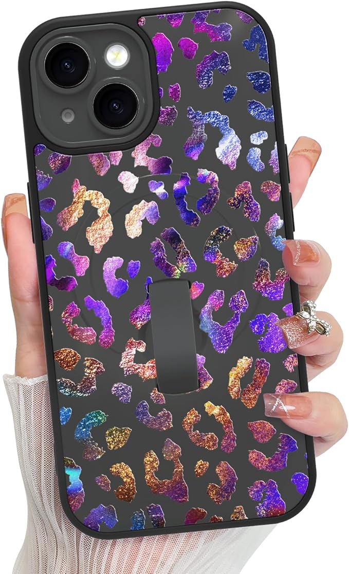 KANGHAR Compatible with iPhone 15 Case, Support for MagSafe, Silicone Cute Iridescent Leopard Cheetah Pattern, Wristband Kickstand Shockproof Protective Slim Cover for Women Girls, Black
