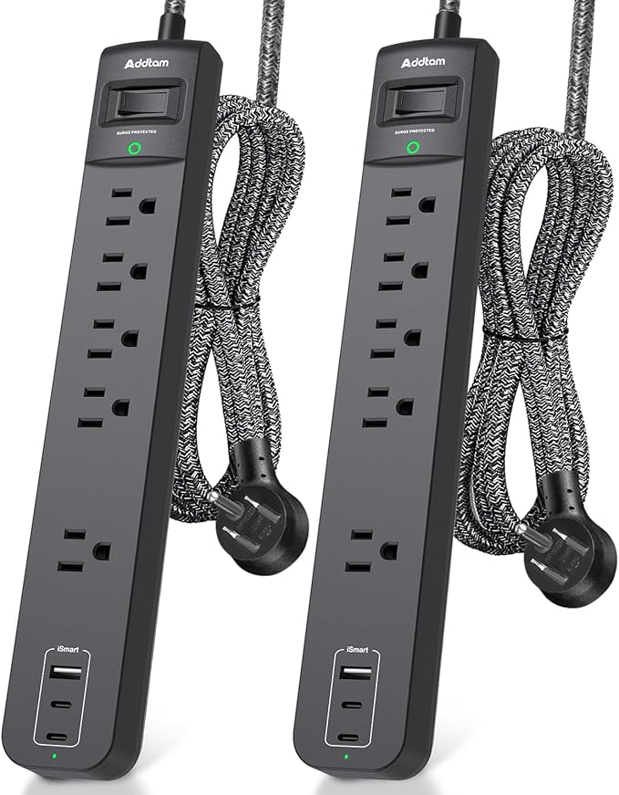 Addtam 2 Pack Power Strip Surge Protector – 5 Wide Spaced Outlets 3 USB (2 USB-C) Charging Ports, 1875W/15A, 3ft Braided Cord, Flat Plug, Overload Surge Protection, Wall Mount for Home, Office & Dorm