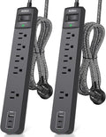 2 Pack Power Strip Surge Protector - 5 Widely Spaced Outlets 3 USB Charging Ports, 1875W/15A 6Ft Braided Extension Cord, Flat Plug Overload Protection, Wall Mount for Home Office Dorm Room Essentials